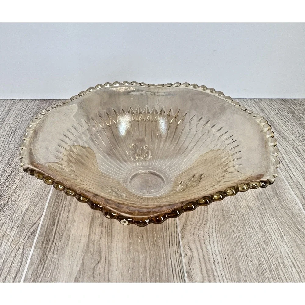 Vintage Amber Diamond Pattern Glass Footed Bowl Scalloped Rim Console‎ Dish